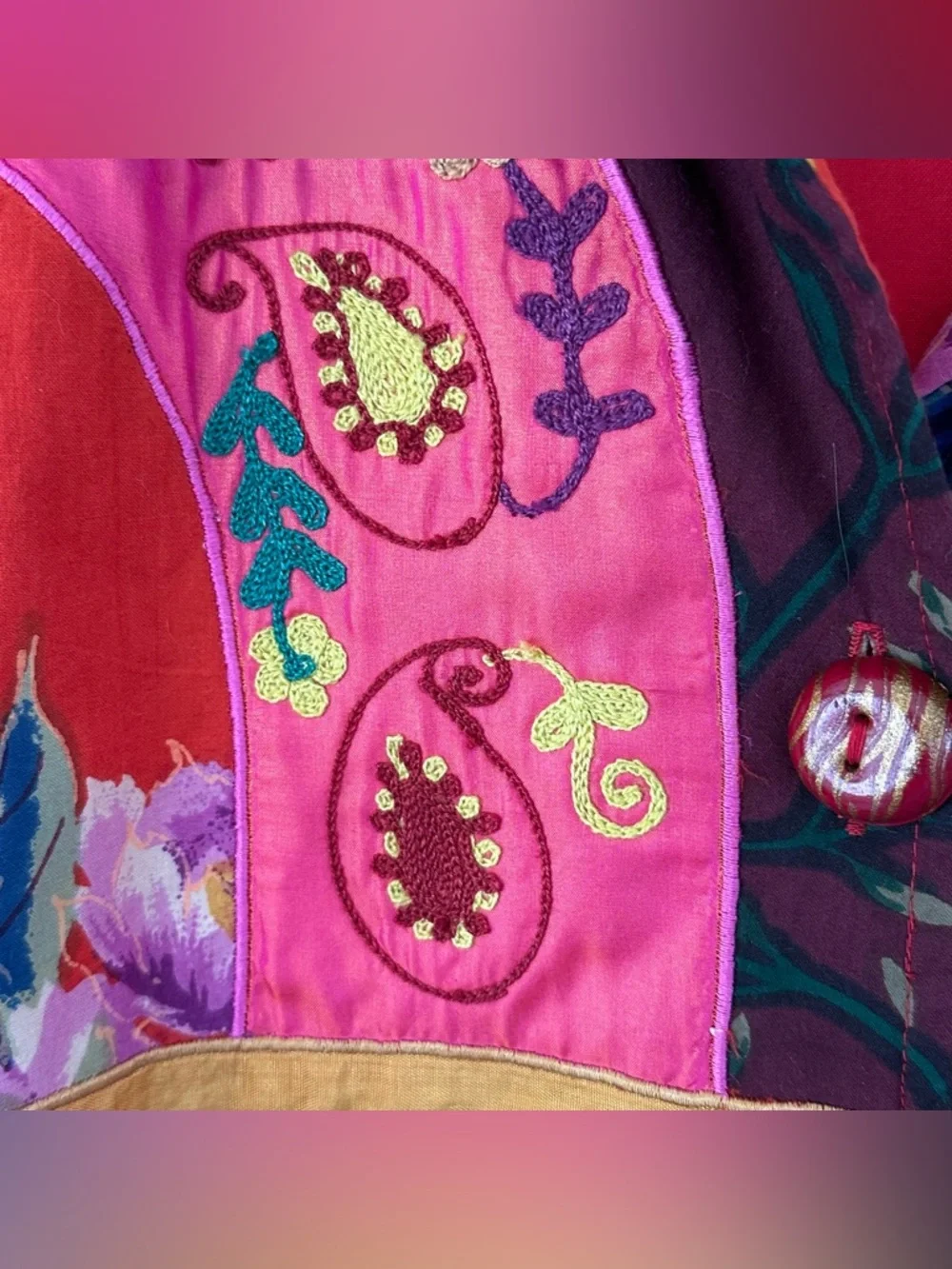 Vintage 90s Embroidered Patchwork Jacket Sz L Multicolor Art-to-Wear Maximalist